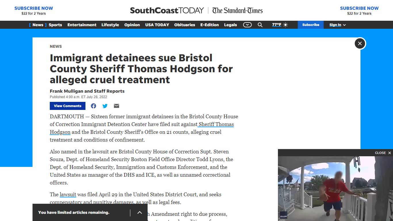 Bristol County Sheriff Thomas Hodgson sued for alleged cruel treatment